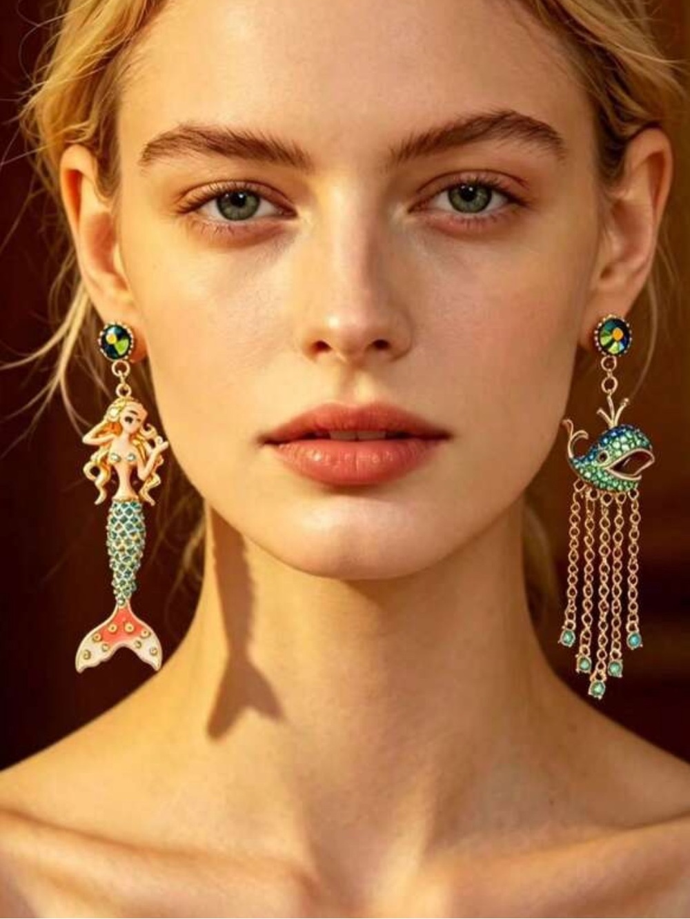 Gold-Tone Mermaid & Whale Tassel Dangle Earrings with Green Crystal Accents